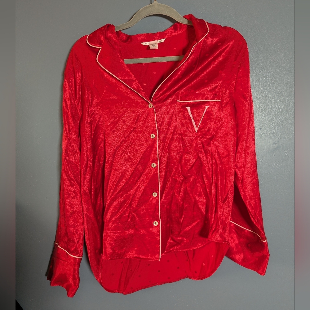 Victoria's Secret Satin Red Long Sleeve Pajama Top Bottom Up Women's Size M